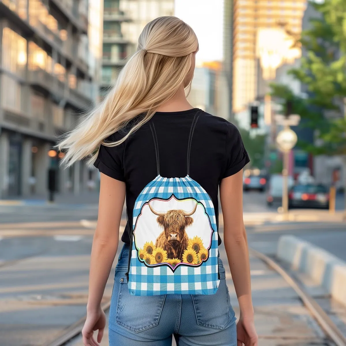 Erosebridal Highland Cow Drawstring Backpack 13X15.7, Yellow Sunflowers Bull Cattle Waterproof Drawstring Bags, Bule White Check Draw String Back Bag, Geometric Stripes Animal String Backpack