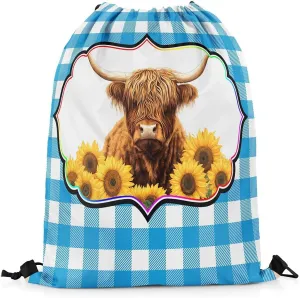 Erosebridal Highland Cow Drawstring Backpack 13X15.7, Yellow Sunflowers Bull Cattle Waterproof Drawstring Bags, Bule White Check Draw String Back Bag, Geometric Stripes Animal String Backpack