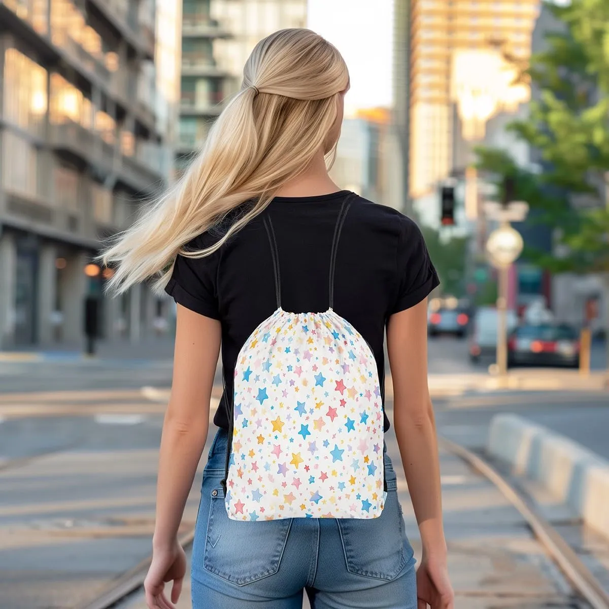 Erosebridal Rainbow Drawstring Backpack 13X15.7 Colorful Stars Print Drawstring Bags Cute Star Pattern Draw String Back Bag Watercolor Geometric String Backpack Waterproof