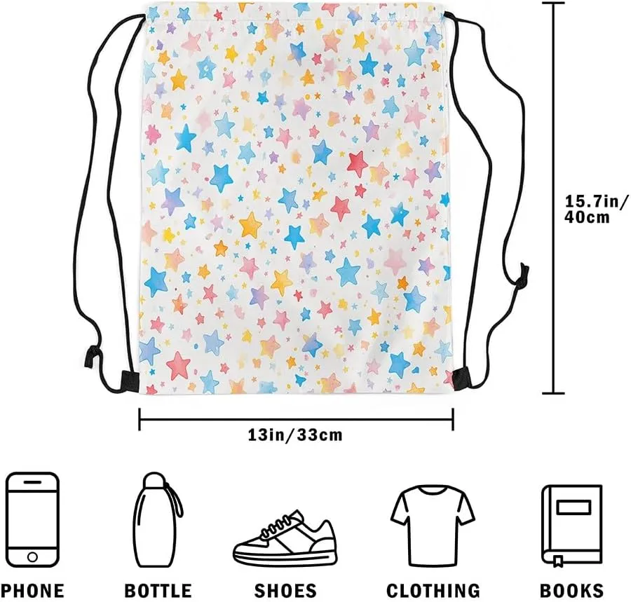 Erosebridal Rainbow Drawstring Backpack 13X15.7 Colorful Stars Print Drawstring Bags Cute Star Pattern Draw String Back Bag Watercolor Geometric String Backpack Waterproof
