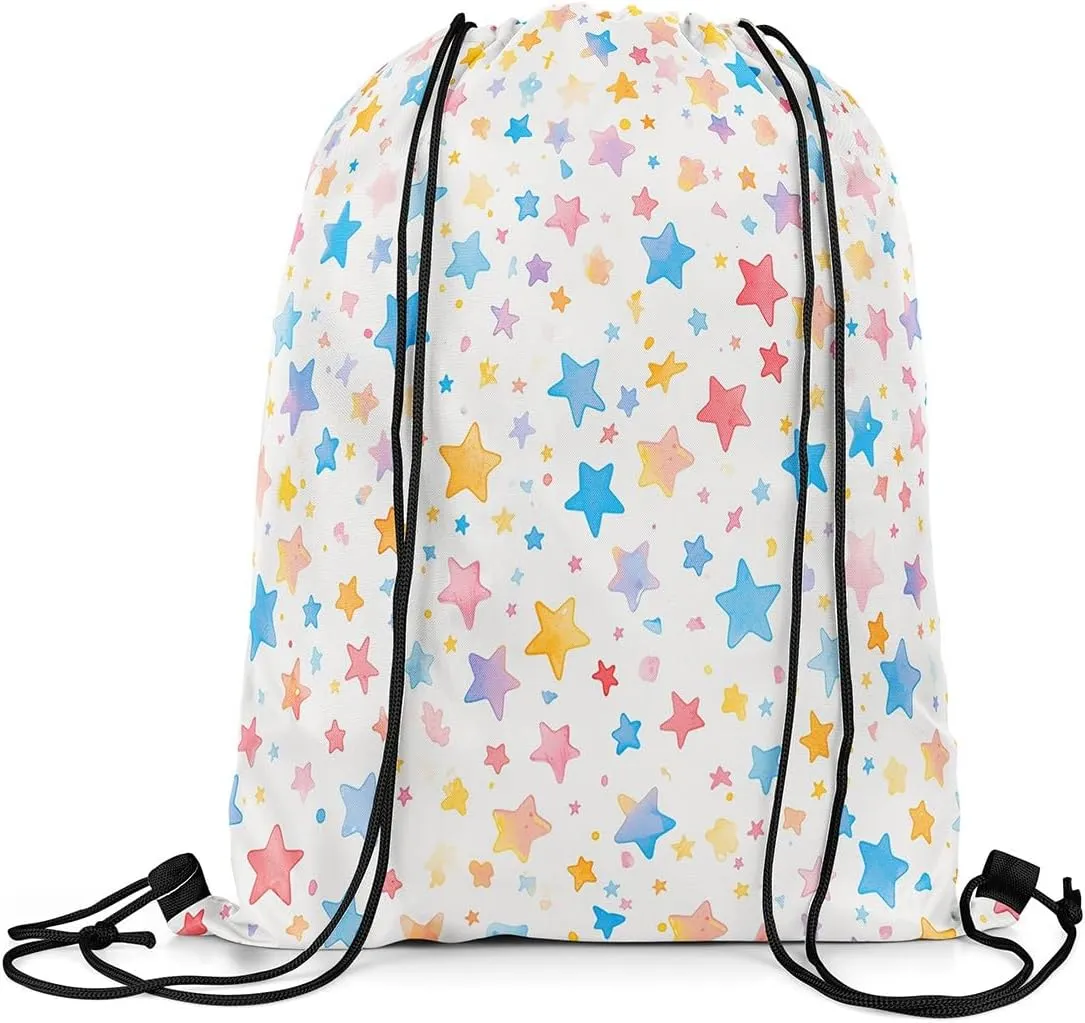 Erosebridal Rainbow Drawstring Backpack 13X15.7 Colorful Stars Print Drawstring Bags Cute Star Pattern Draw String Back Bag Watercolor Geometric String Backpack Waterproof