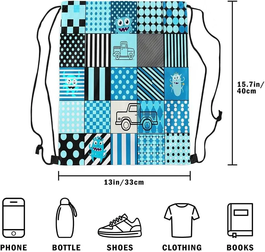Erosebridal Reversible Geometric Drawstring Backpack 13X15.7, Blue Black Truck Cute Cartoon Monster Drawstring Bags, Check Patchwork Checkered Cinch Bag, Polka Dots String Backpack For Swim Yoga