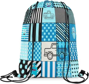 Erosebridal Reversible Geometric Drawstring Backpack 13X15.7, Blue Black Truck Cute Cartoon Monster Drawstring Bags, Check Patchwork Checkered Cinch Bag, Polka Dots String Backpack For Swim Yoga
