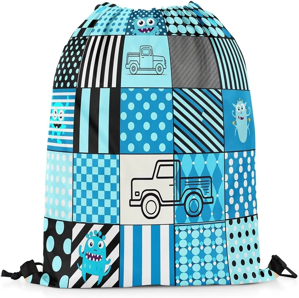 Erosebridal Reversible Geometric Drawstring Backpack 13X15.7, Blue Black Truck Cute Cartoon Monster Drawstring Bags, Check Patchwork Checkered Cinch Bag, Polka Dots String Backpack For Swim Yoga