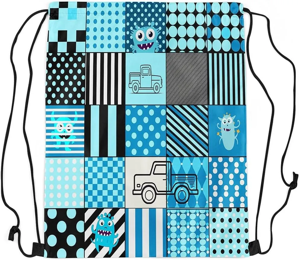 Erosebridal Reversible Geometric Drawstring Backpack 13X15.7, Blue Black Truck Cute Cartoon Monster Drawstring Bags, Check Patchwork Checkered Cinch Bag, Polka Dots String Backpack For Swim Yoga