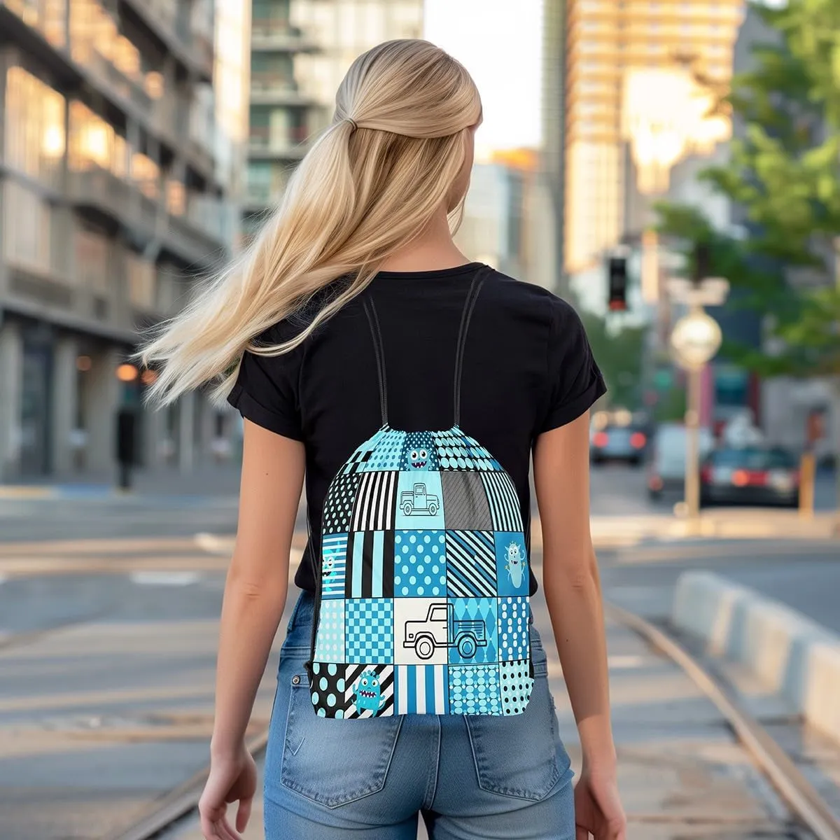 Erosebridal Reversible Geometric Drawstring Backpack 13X15.7, Blue Black Truck Cute Cartoon Monster Drawstring Bags, Check Patchwork Checkered Cinch Bag, Polka Dots String Backpack For Swim Yoga