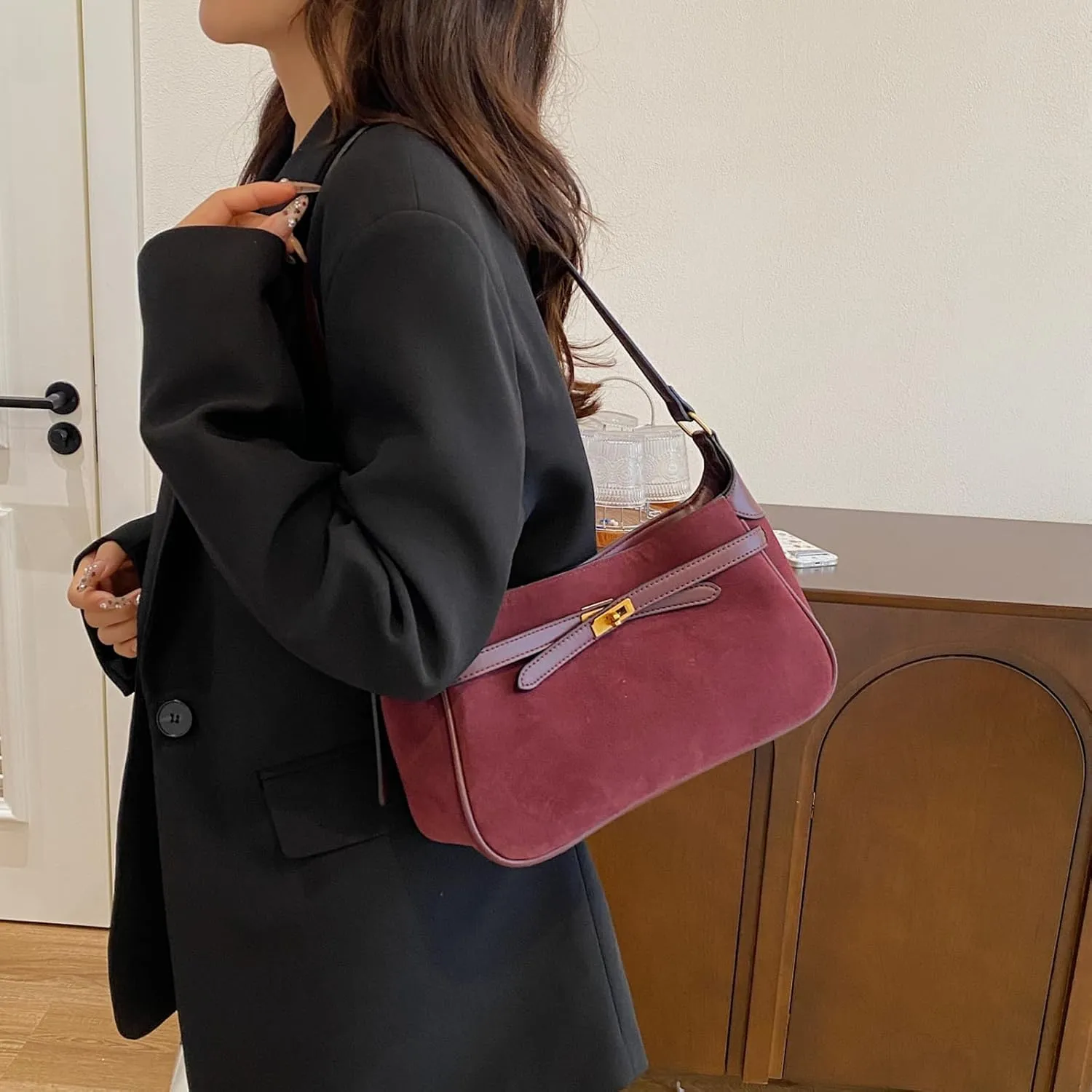 Eslcorri Women Small Shoulder Bag Faux Suede Ladies Hobo Purse Fall Elegant Everyday Handbag Cute Tote Bag Armpit Phone Purse
