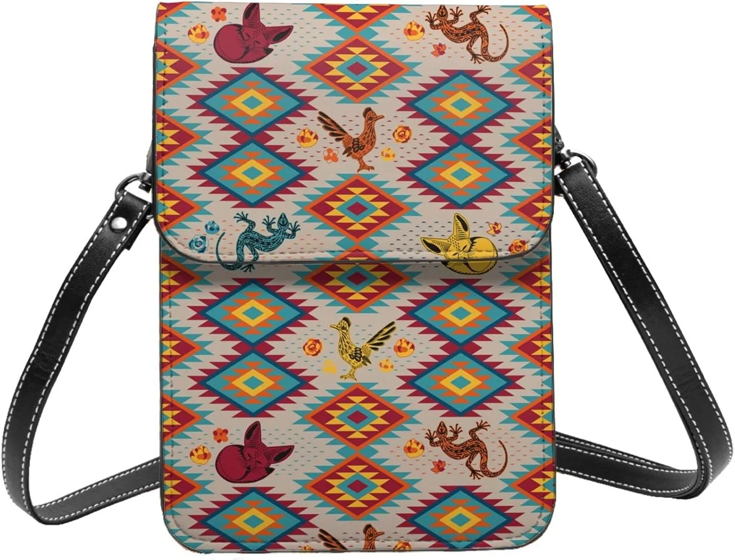 Ethnic geometric desert animals rhombuses bright Crossbody Cell Phone Purse for Women Girls Leather Mini Cross Body Bags Small Shoulder Bags