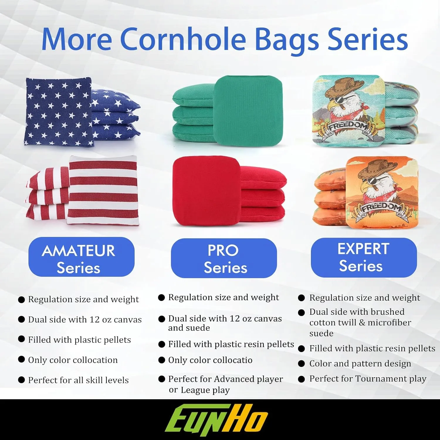 EunHo Dual Sided Cornhole Bags Regulation Set of 8 Professional Cornhole Bean Bags Slick and Stick for Tossing Game-All Weather