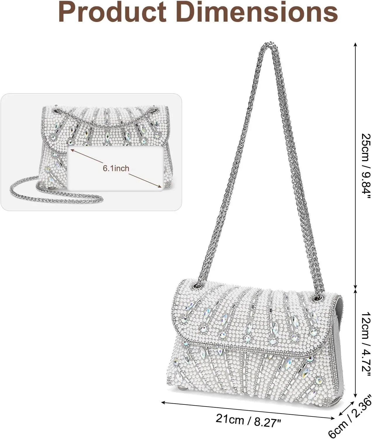 Evening Bags Clutch Purses for Women Formal, Beaded Purses Crystal Rhinestone Crossbody Handbag with Chain Shoulder Bag Sparkly for Wedding Guest Party Silver