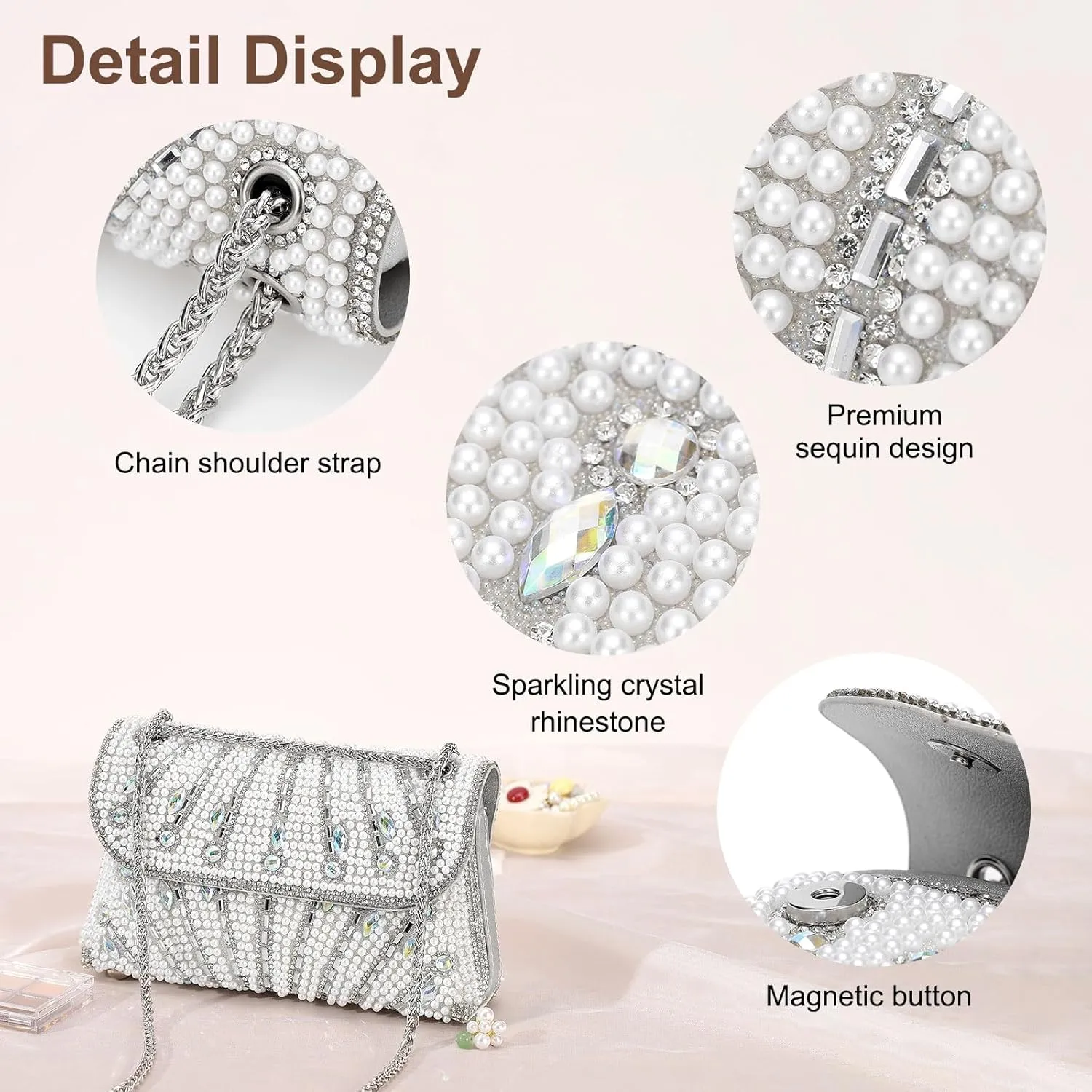 Evening Bags Clutch Purses for Women Formal, Beaded Purses Crystal Rhinestone Crossbody Handbag with Chain Shoulder Bag Sparkly for Wedding Guest Party Silver