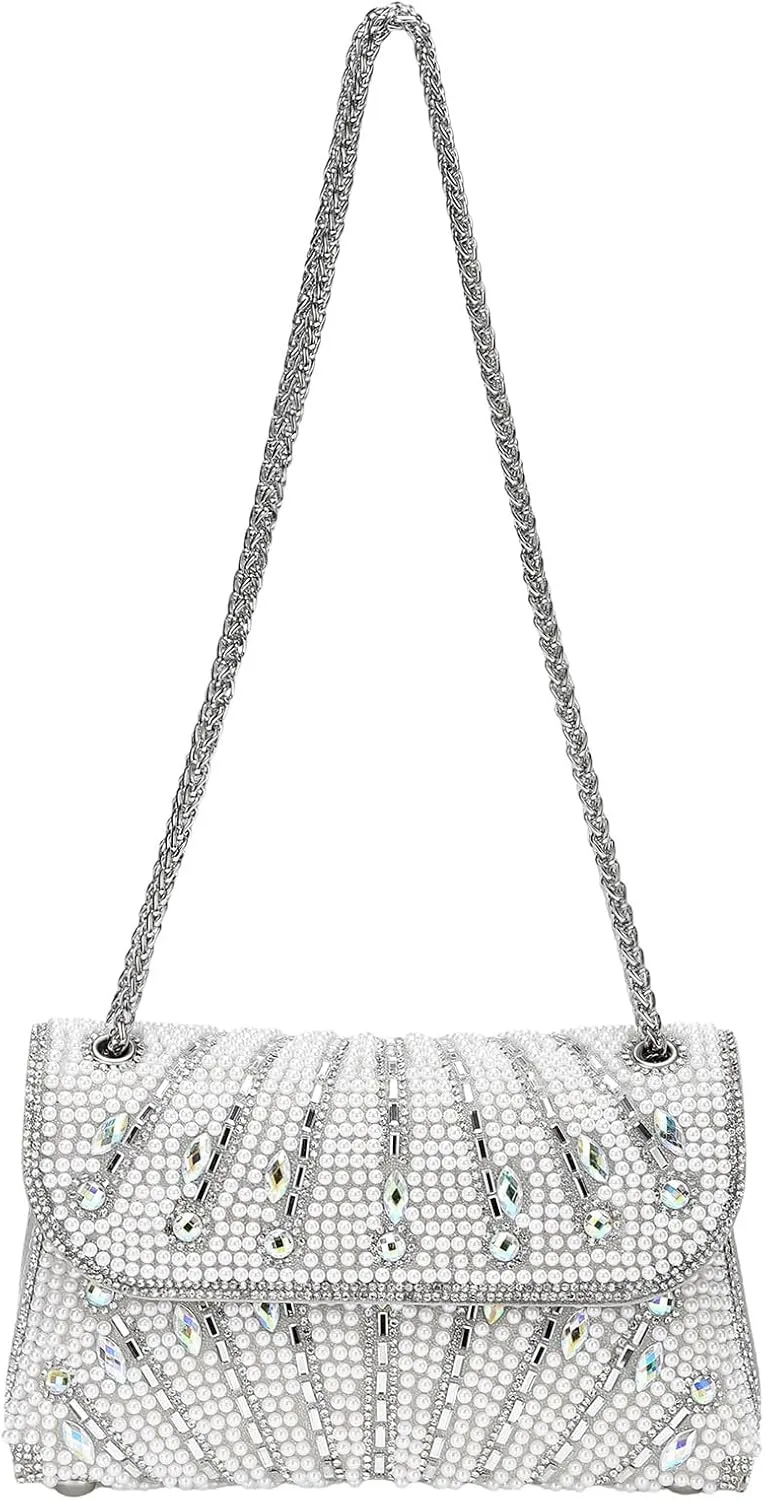 Evening Bags Clutch Purses for Women Formal, Beaded Purses Crystal Rhinestone Crossbody Handbag with Chain Shoulder Bag Sparkly for Wedding Guest Party Silver