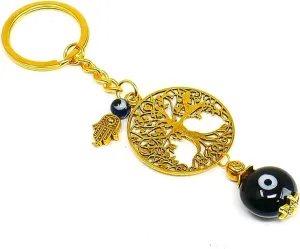 Evil Eye Tree of Life Car Hanging Ornament – Antique Gold Rearview Mirror/Handbag Charm for Positive Vibes, Protection, Good Fortune & Prosperity – Handmade Unisex Amulet