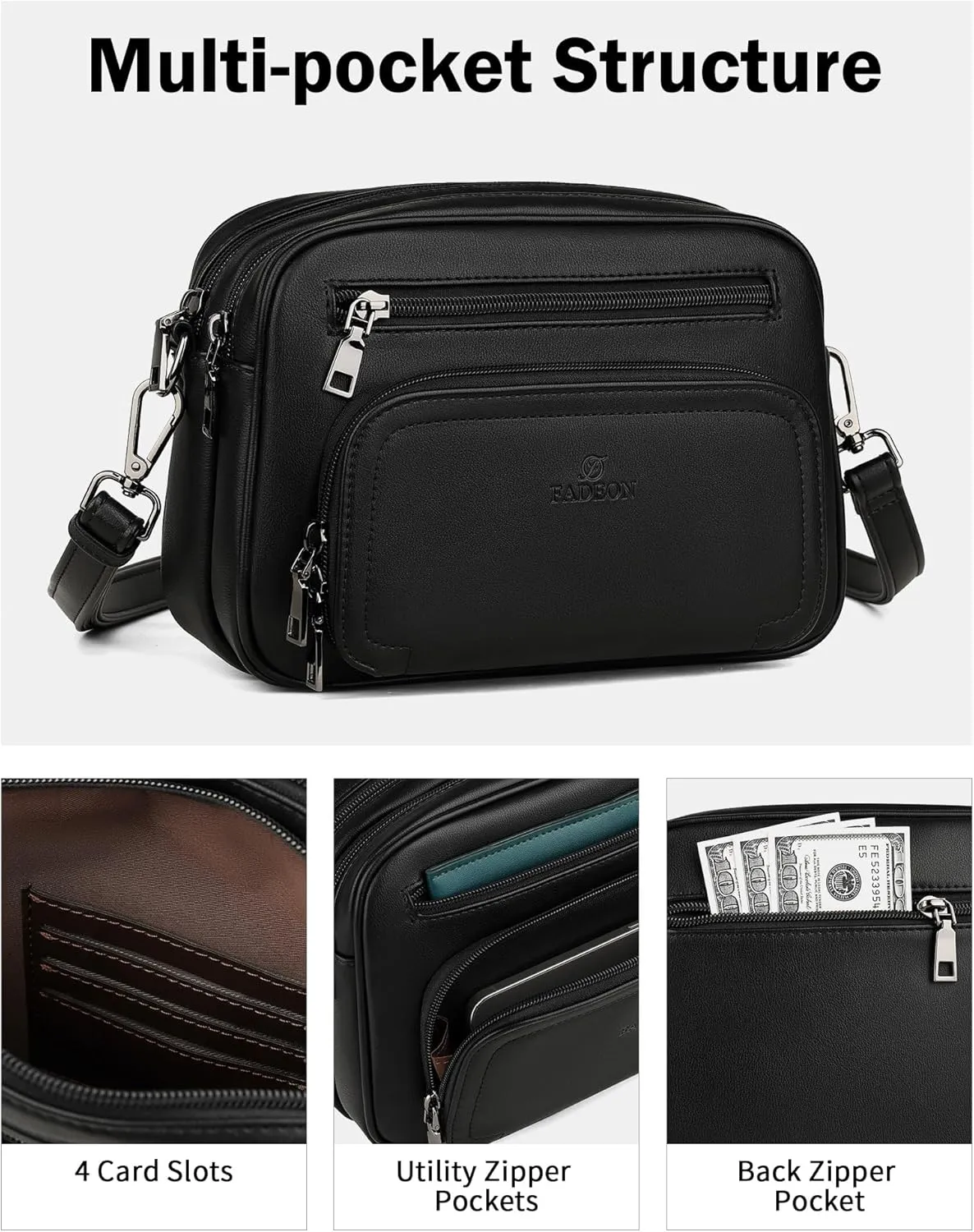 FADEON Crossbody Bags for Women Multi-pocket Leather Crossbody Purses, Designer Shoulder Bag Adjustable Removable Strap