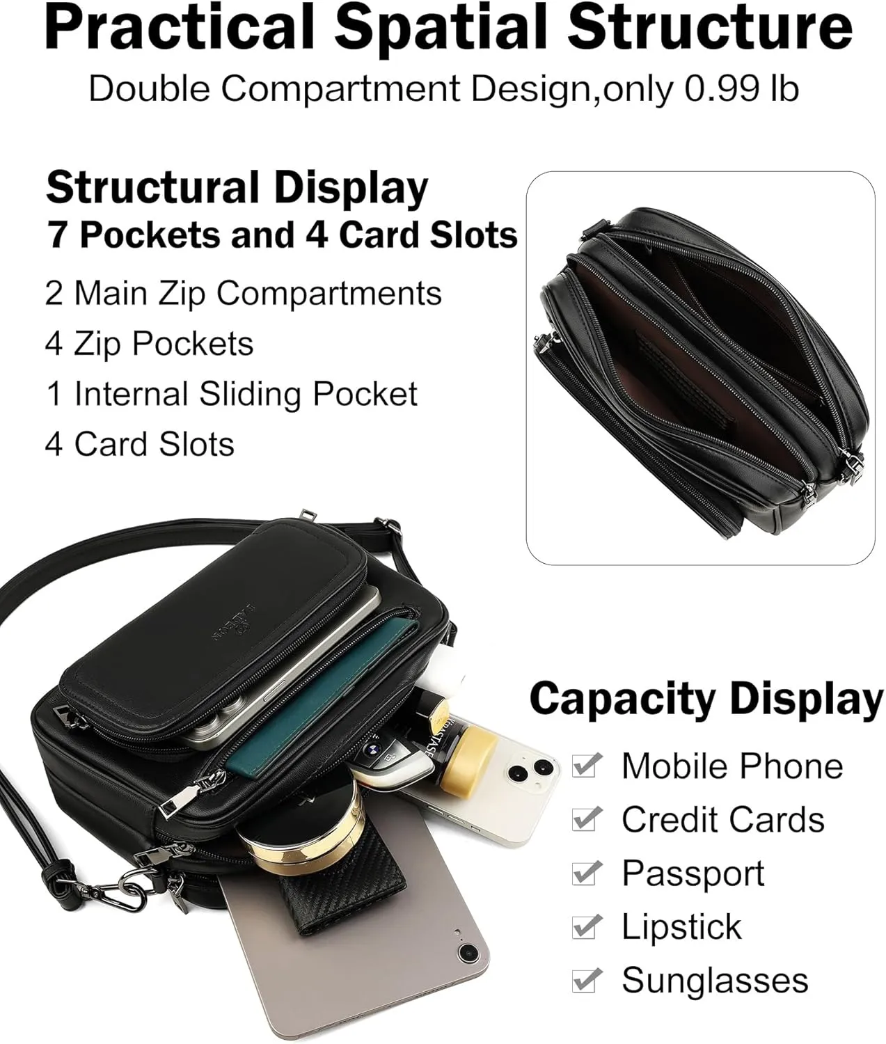 FADEON Crossbody Bags for Women Multi-pocket Leather Crossbody Purses, Designer Shoulder Bag Adjustable Removable Strap