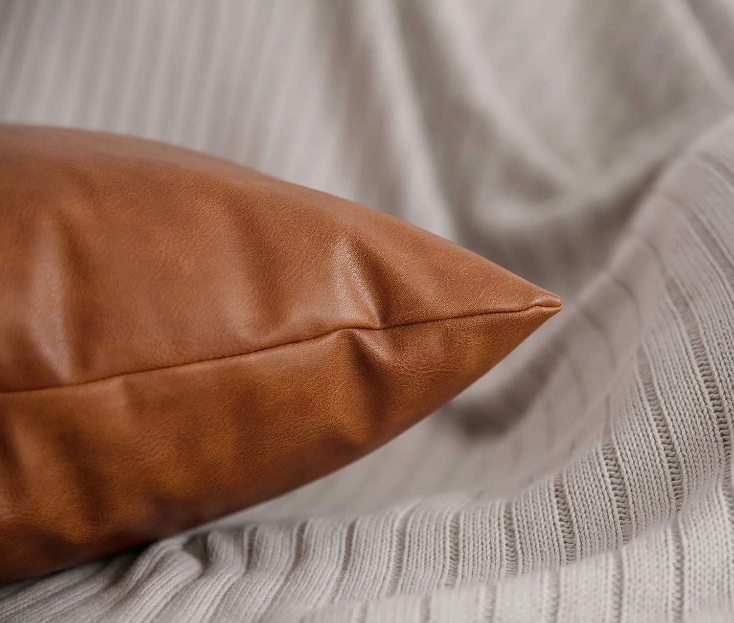 Faux Leather Throw Pillow Covers, 18 x 18 inch Set of 2 Thick Cognac Brown Modern Solid Decorative Square Bedroom Living Room Cushion Cases for Couch Bed Sofa