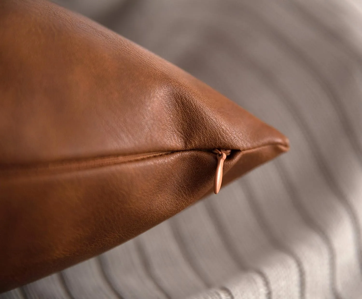 Faux Leather Throw Pillow Covers, 18 x 18 inch Set of 2 Thick Cognac Brown Modern Solid Decorative Square Bedroom Living Room Cushion Cases for Couch Bed Sofa
