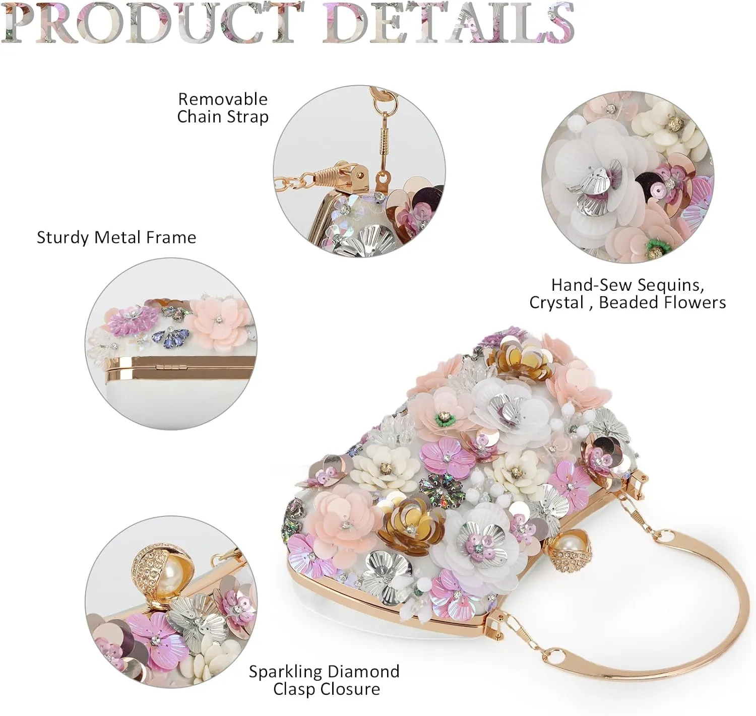 Fecialy Flower Clutch Purse Women 3D Floral Evening Handbags Chain Strap Shoulder Bag for Formal Party Bride Wedding