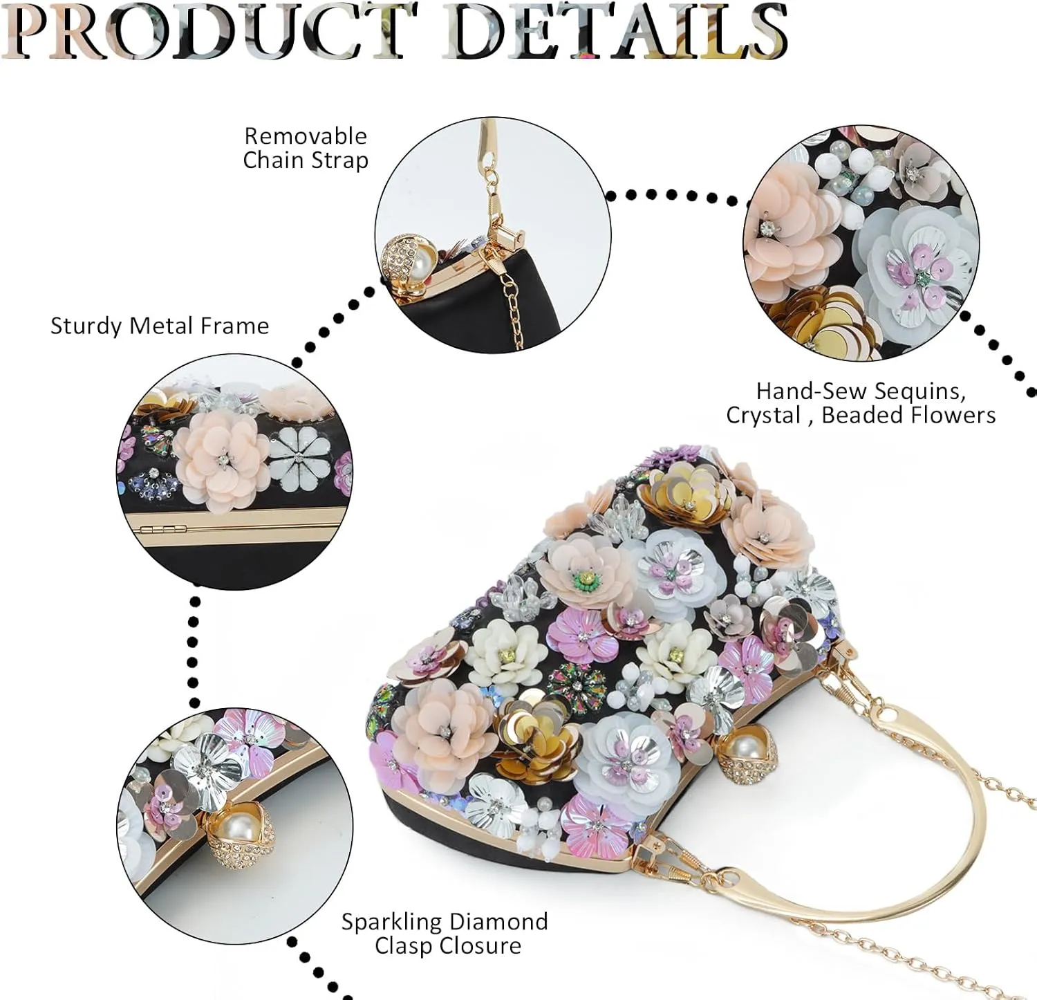 Fecialy Flower Clutch Purse Women 3D Floral Evening Handbags Chain Strap Shoulder Bag for Formal Party Bride Wedding