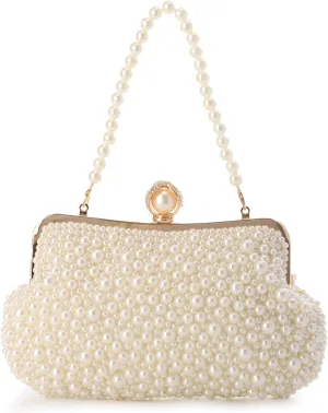 Fecialy Pearl Clutch Purses for Women Wedding Crystal Beaded Evening Handbags with Pearl Chain