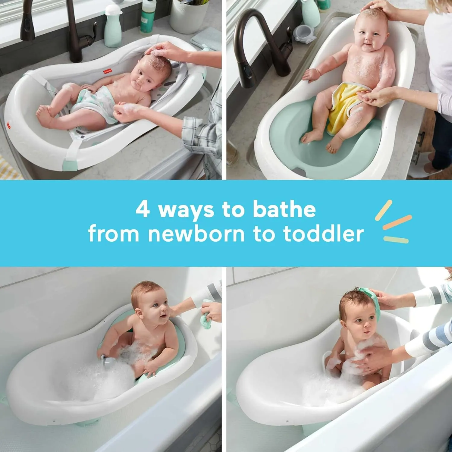 Fisher-Price Baby to Toddler Bath 4-in-1 Sling ‘n Seat Tub with Removable Infant Support and 2 Toys, Climbing Leaves