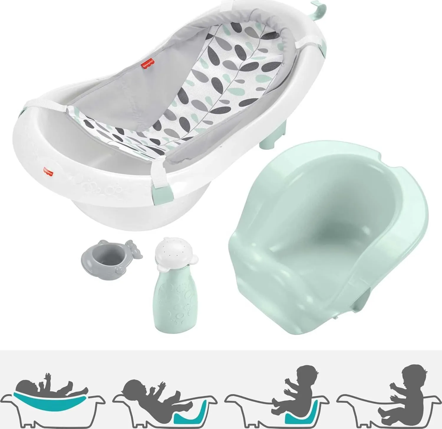 Fisher-Price Baby to Toddler Bath 4-in-1 Sling ‘n Seat Tub with Removable Infant Support and 2 Toys, Climbing Leaves
