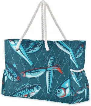 Fishing Artificial Baits Beach Bags for Women Ladies Large Canvas Tote Shoulder Bag Waterproof Travel Bags for Gym Swim Pool Camping