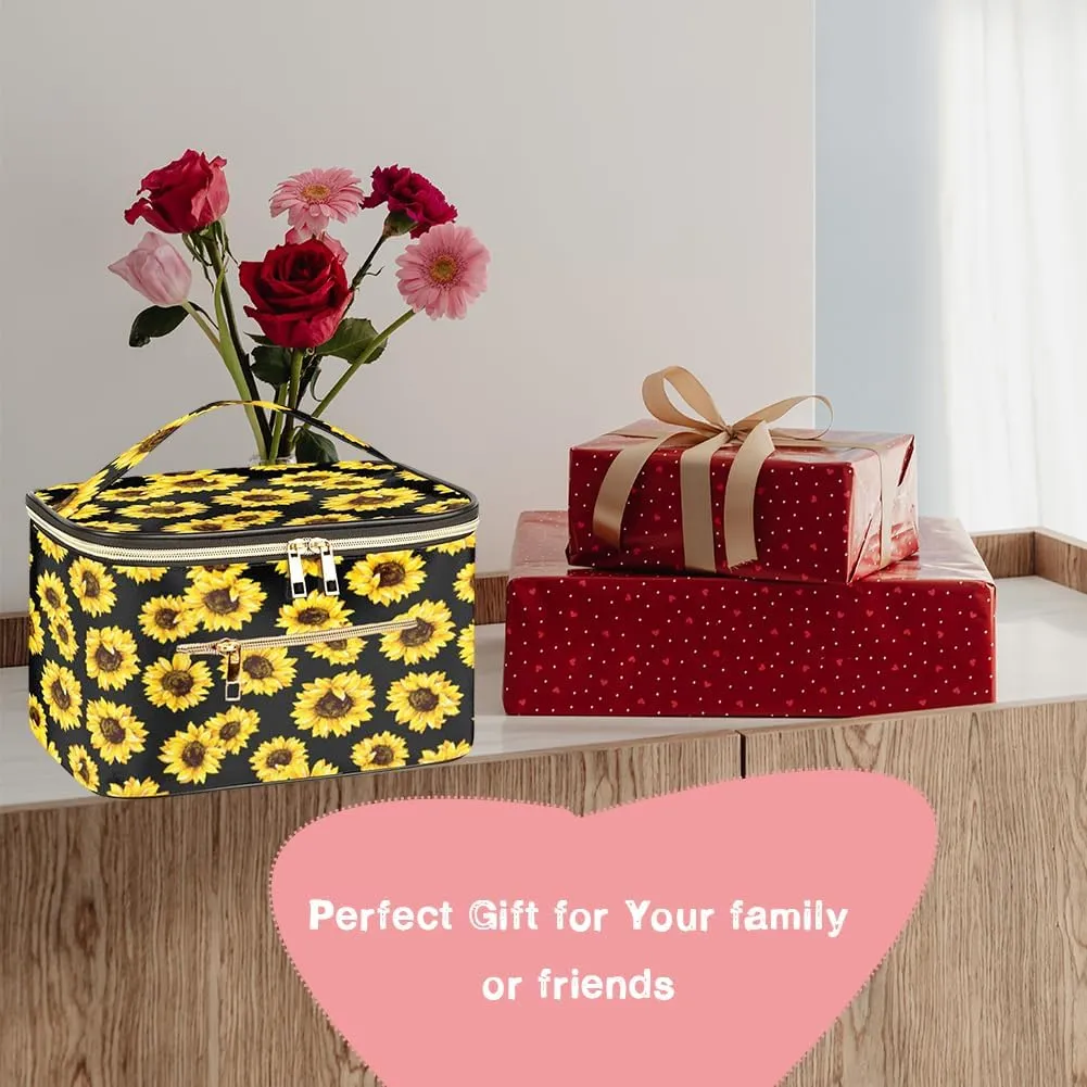 FITINI Travel Sunflower Makeup Bag Cosmetic Bag with Zipper,Large Capacity Waterproof Toiletry Organizer Bag for Women Purse With Handle Zipper Brush Pouch
