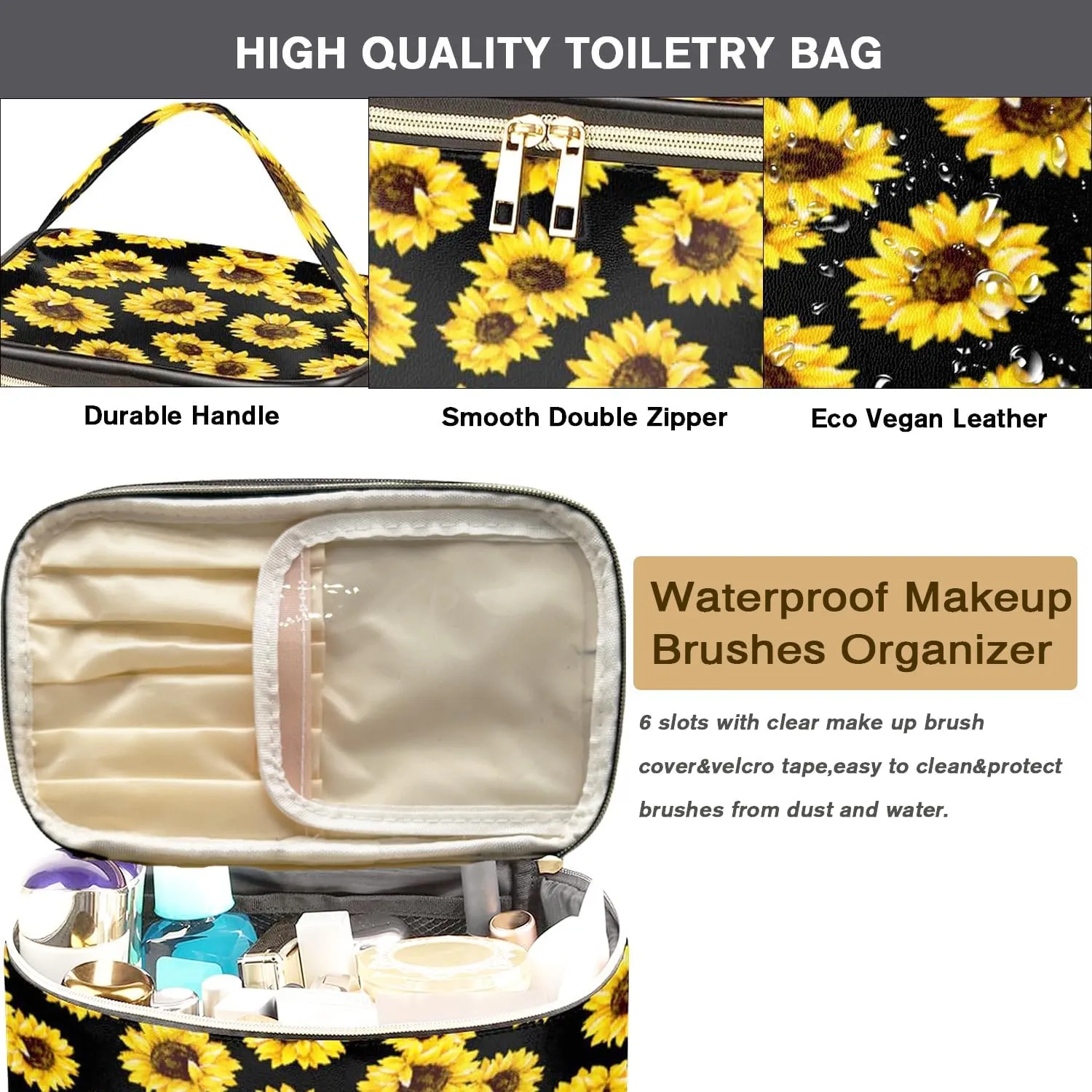 FITINI Travel Sunflower Makeup Bag Cosmetic Bag with Zipper,Large Capacity Waterproof Toiletry Organizer Bag for Women Purse With Handle Zipper Brush Pouch