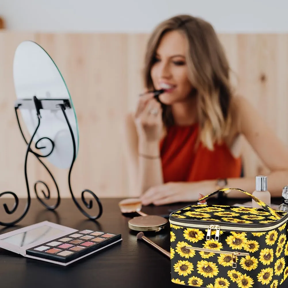 FITINI Travel Sunflower Makeup Bag Cosmetic Bag with Zipper,Large Capacity Waterproof Toiletry Organizer Bag for Women Purse With Handle Zipper Brush Pouch