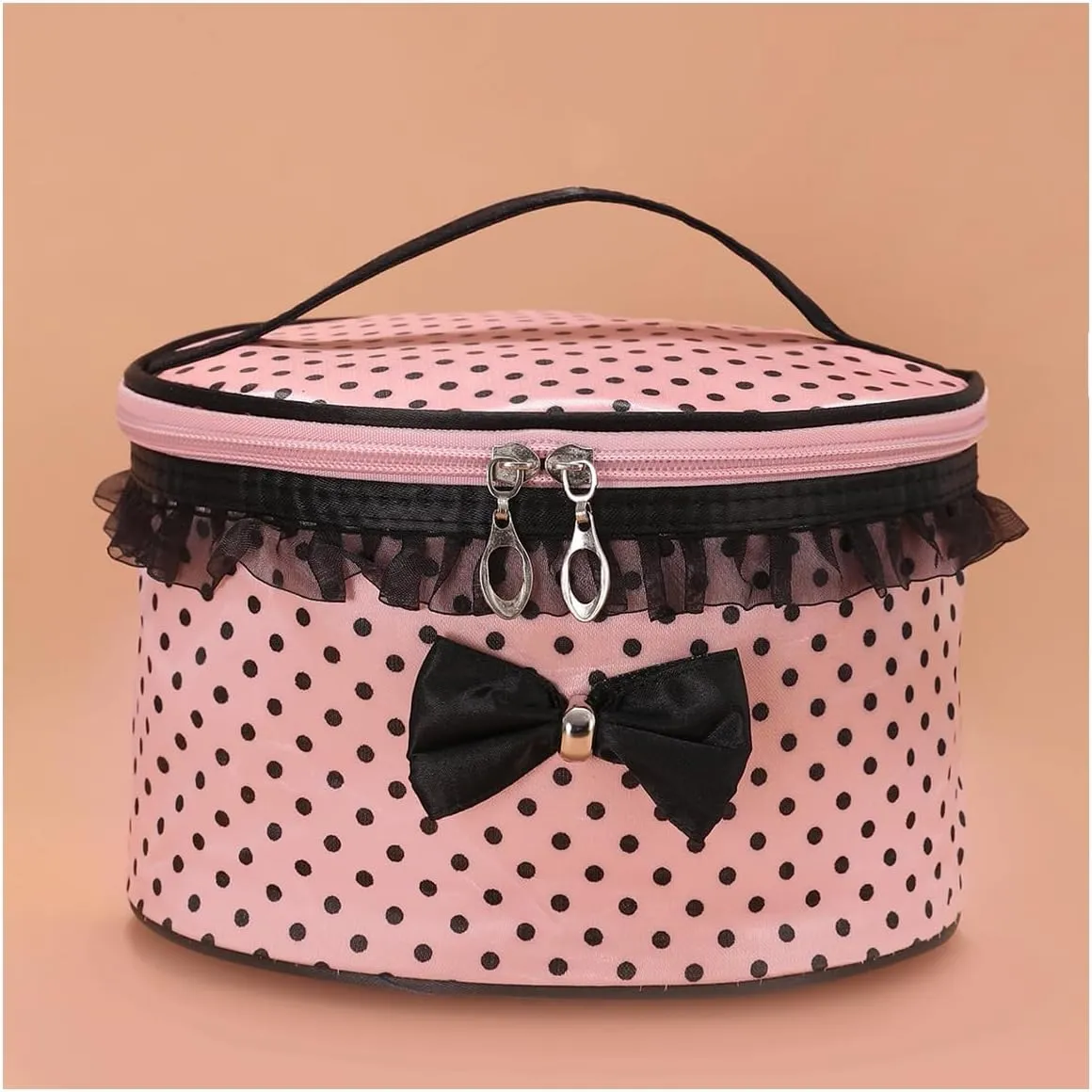 Floerns Women's Polka Dots Cute Cosmetic Bag Bow Travel Round Makeup Bags Pink and Black One-Size