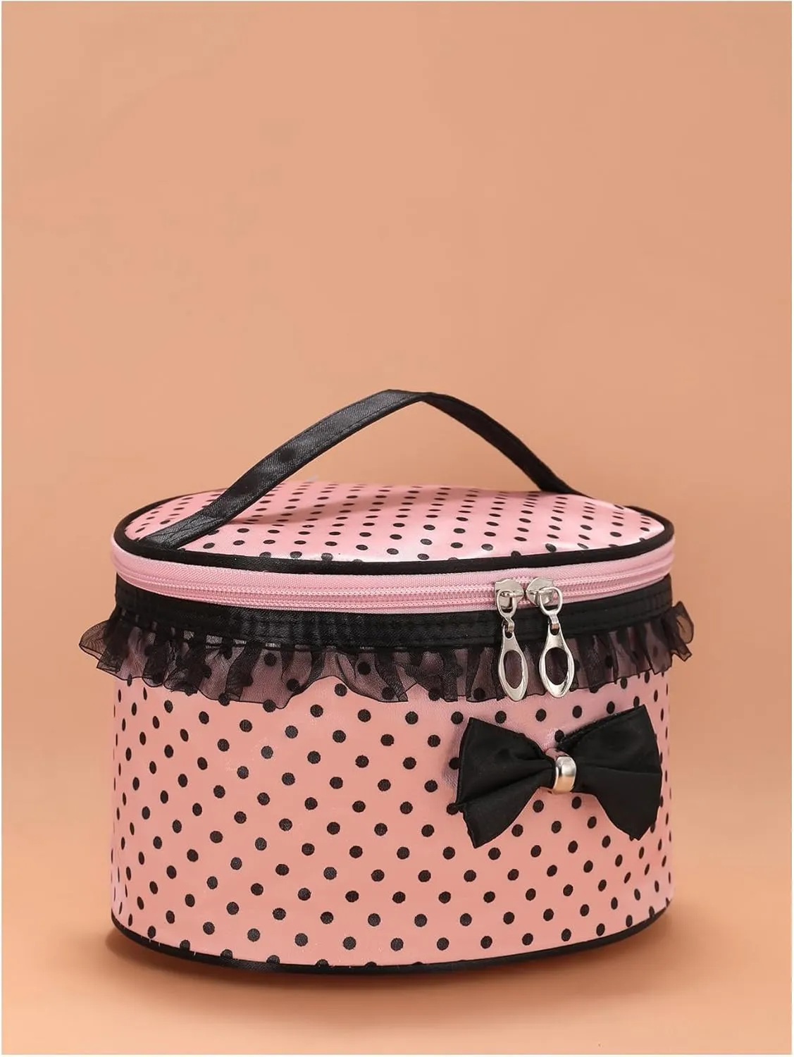 Floerns Women's Polka Dots Cute Cosmetic Bag Bow Travel Round Makeup Bags Pink and Black One-Size