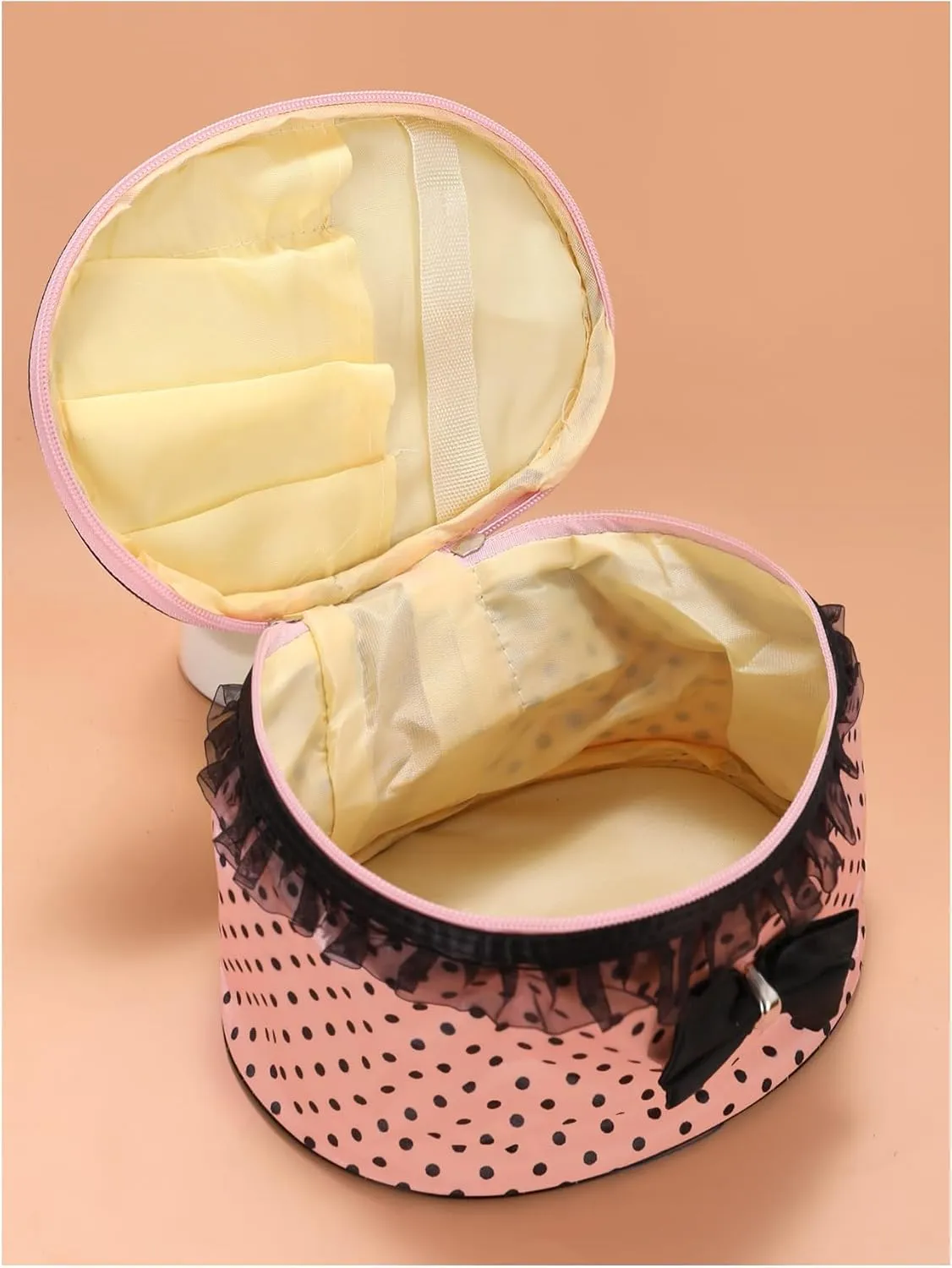 Floerns Women's Polka Dots Cute Cosmetic Bag Bow Travel Round Makeup Bags Pink and Black One-Size