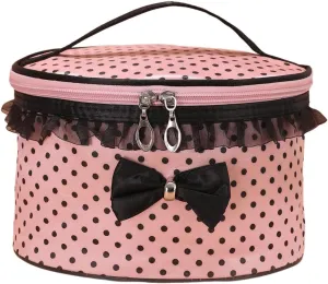 Floerns Women's Polka Dots Cute Cosmetic Bag Bow Travel Round Makeup Bags Pink and Black One-Size