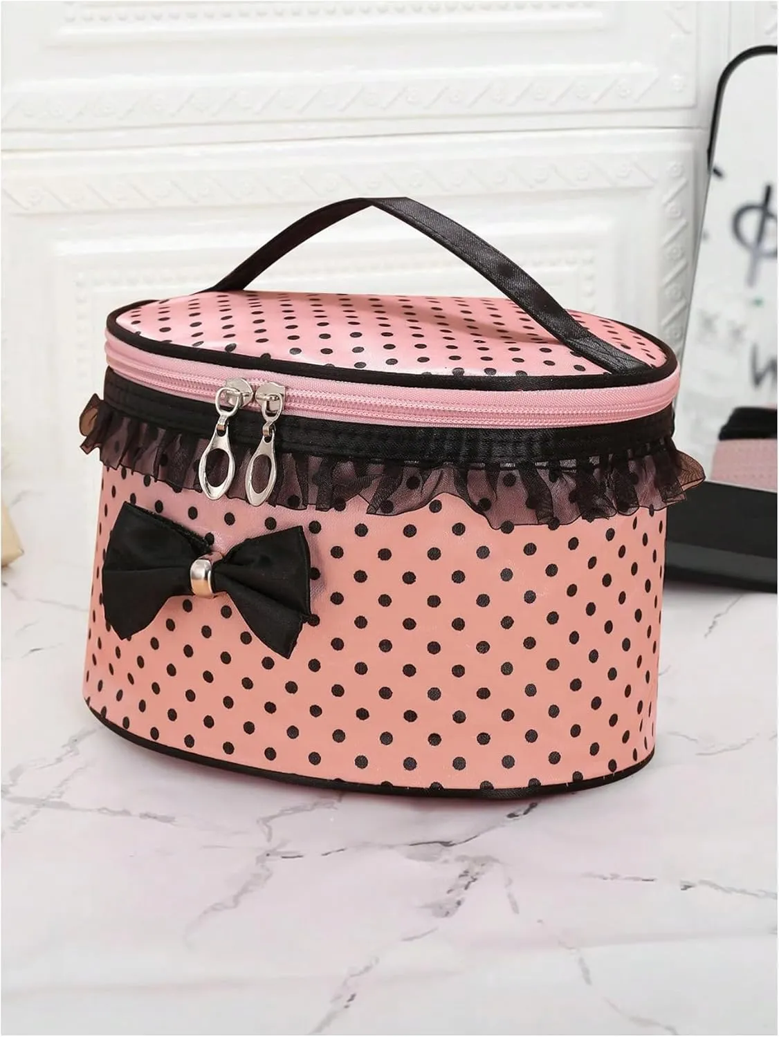 Floerns Women's Polka Dots Cute Cosmetic Bag Bow Travel Round Makeup Bags Pink and Black One-Size