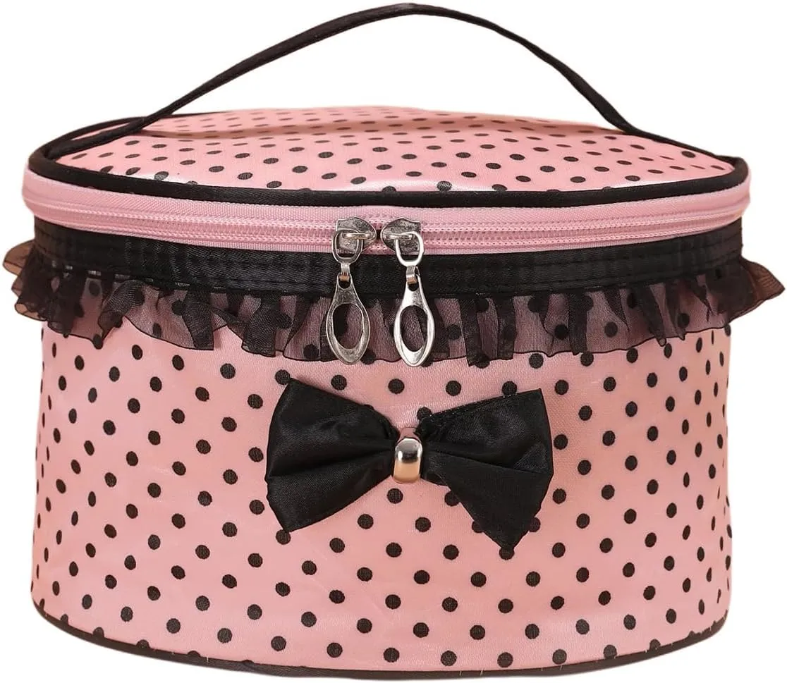 Floerns Women's Polka Dots Cute Cosmetic Bag Bow Travel Round Makeup Bags Pink and Black One-Size