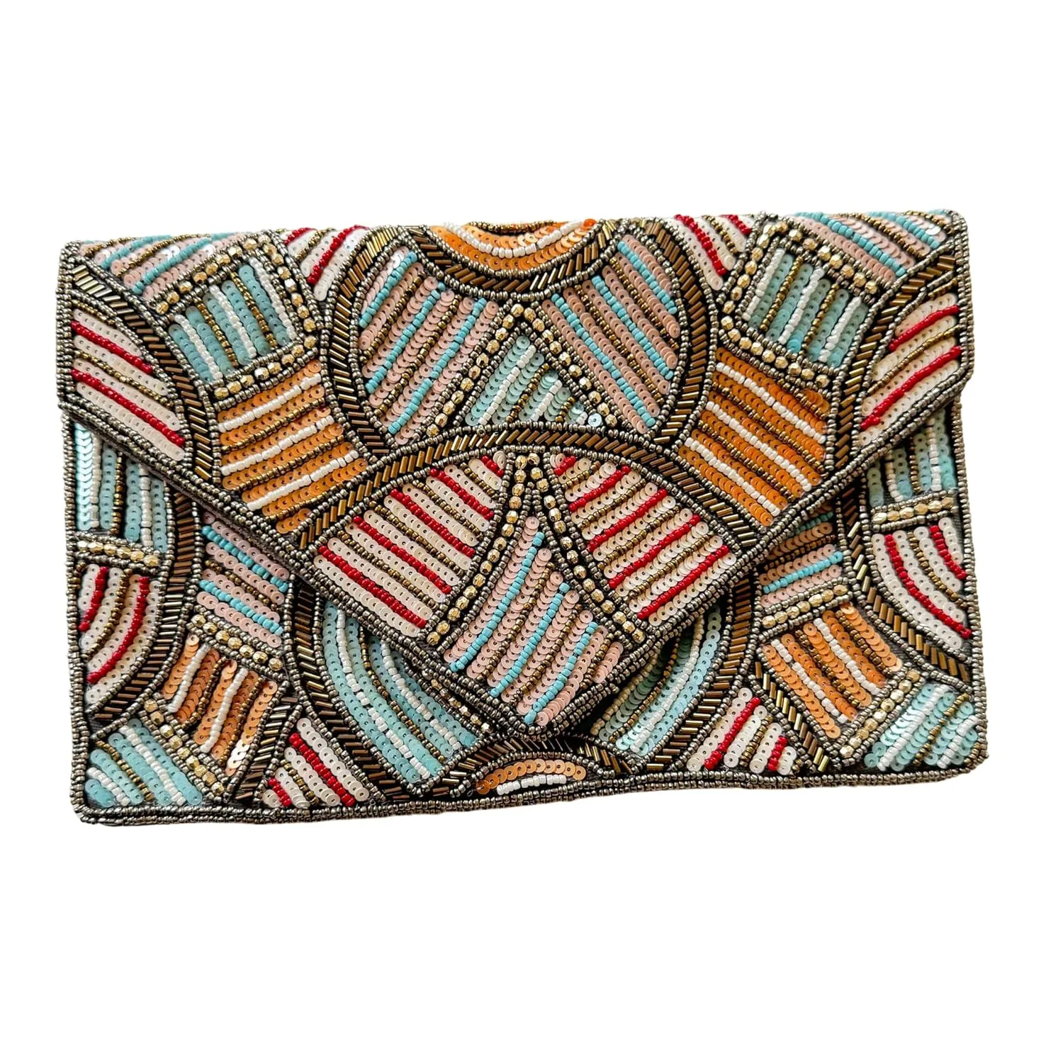 Floral Beaded Bag, Abstract Summer Handbag, Gift for Her, Geometric Statement Shoulder Handbag with chain, Bridal Bag for Party Evening (GEOMETRIC WAVE)