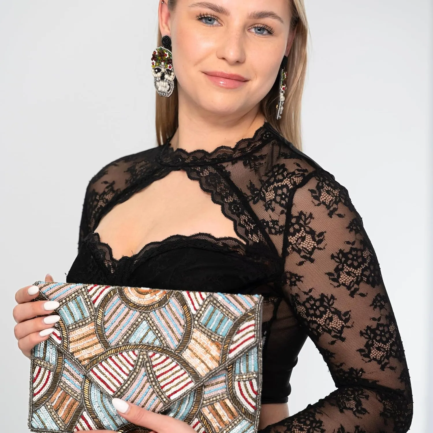 Floral Beaded Bag, Abstract Summer Handbag, Gift for Her, Geometric Statement Shoulder Handbag with chain, Bridal Bag for Party Evening (GEOMETRIC WAVE)