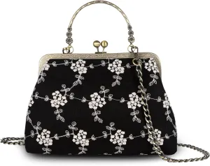 Floral Satchel Purse Crossbody Tote Bags Kiss Lock Handbag Flower Vintage Shoulder Bag for Women Black