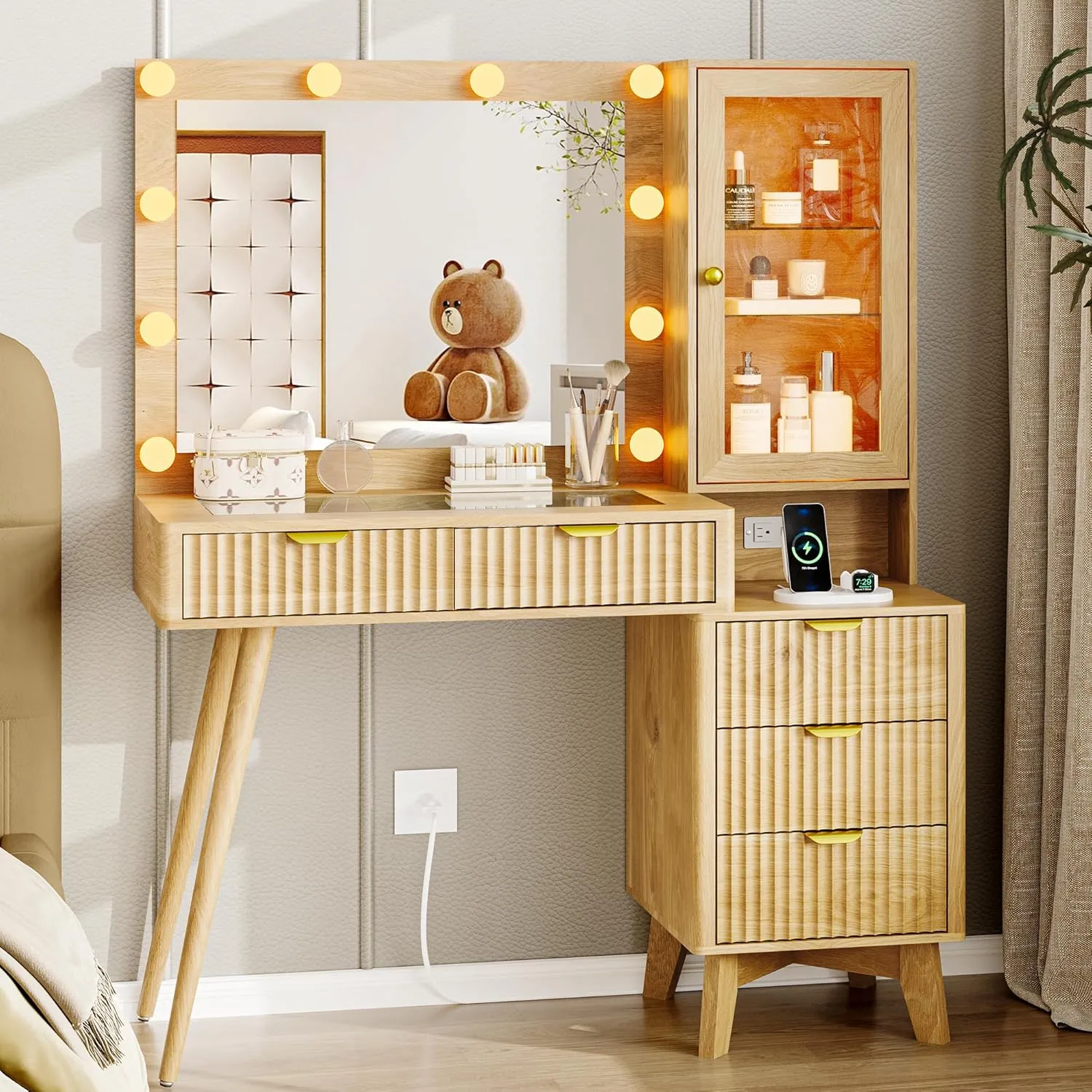 Fluted Makeup Vanity Desk with Lights, 45" Glass Top Vanity Desk with Mirror and Lights &5 Drawers, Dressing Table with Lighted Mirror, Power Outlet & RGB Cabinet for Bedroom, Natural
