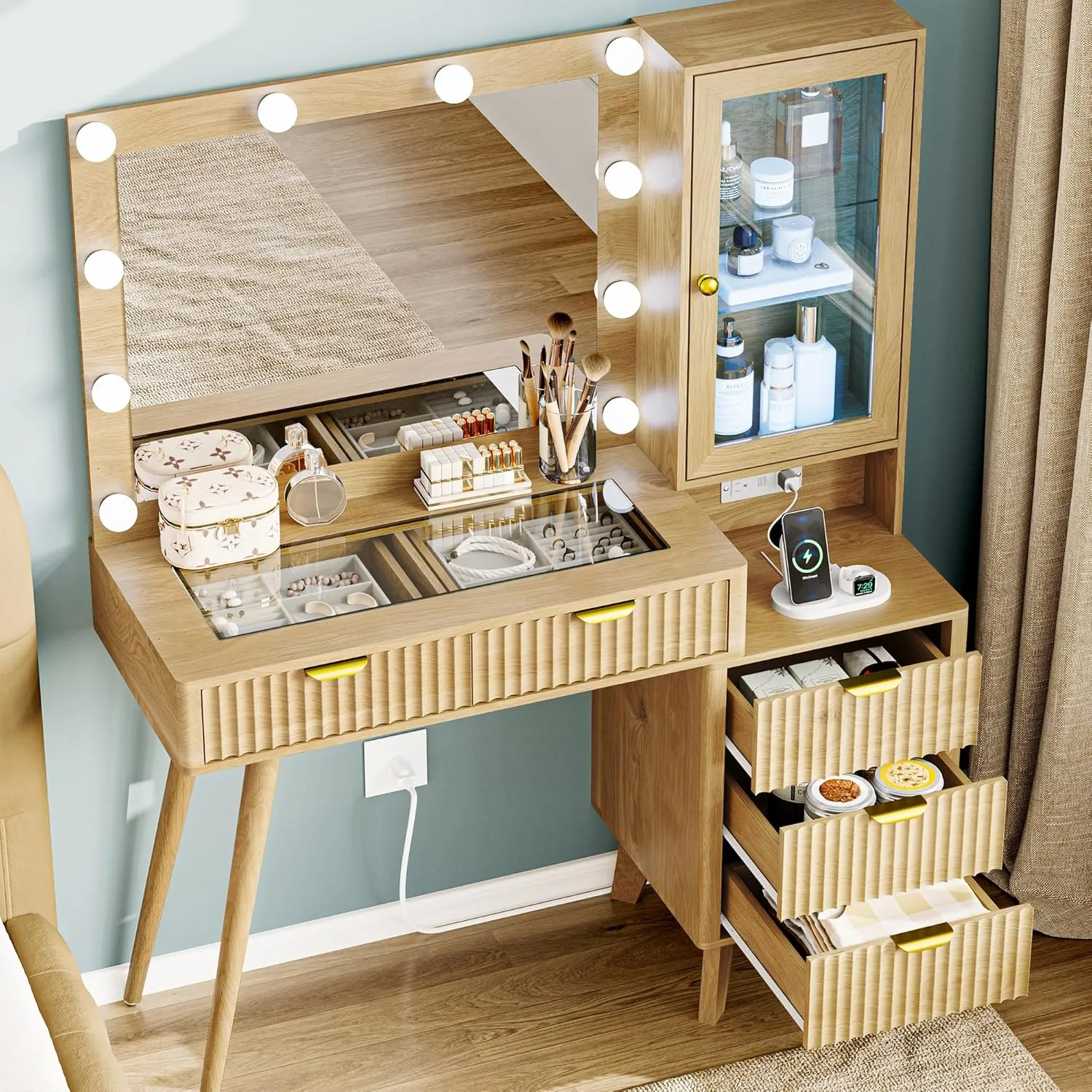 Fluted Makeup Vanity Desk with Lights, 45" Glass Top Vanity Desk with Mirror and Lights &5 Drawers, Dressing Table with Lighted Mirror, Power Outlet & RGB Cabinet for Bedroom, Natural
