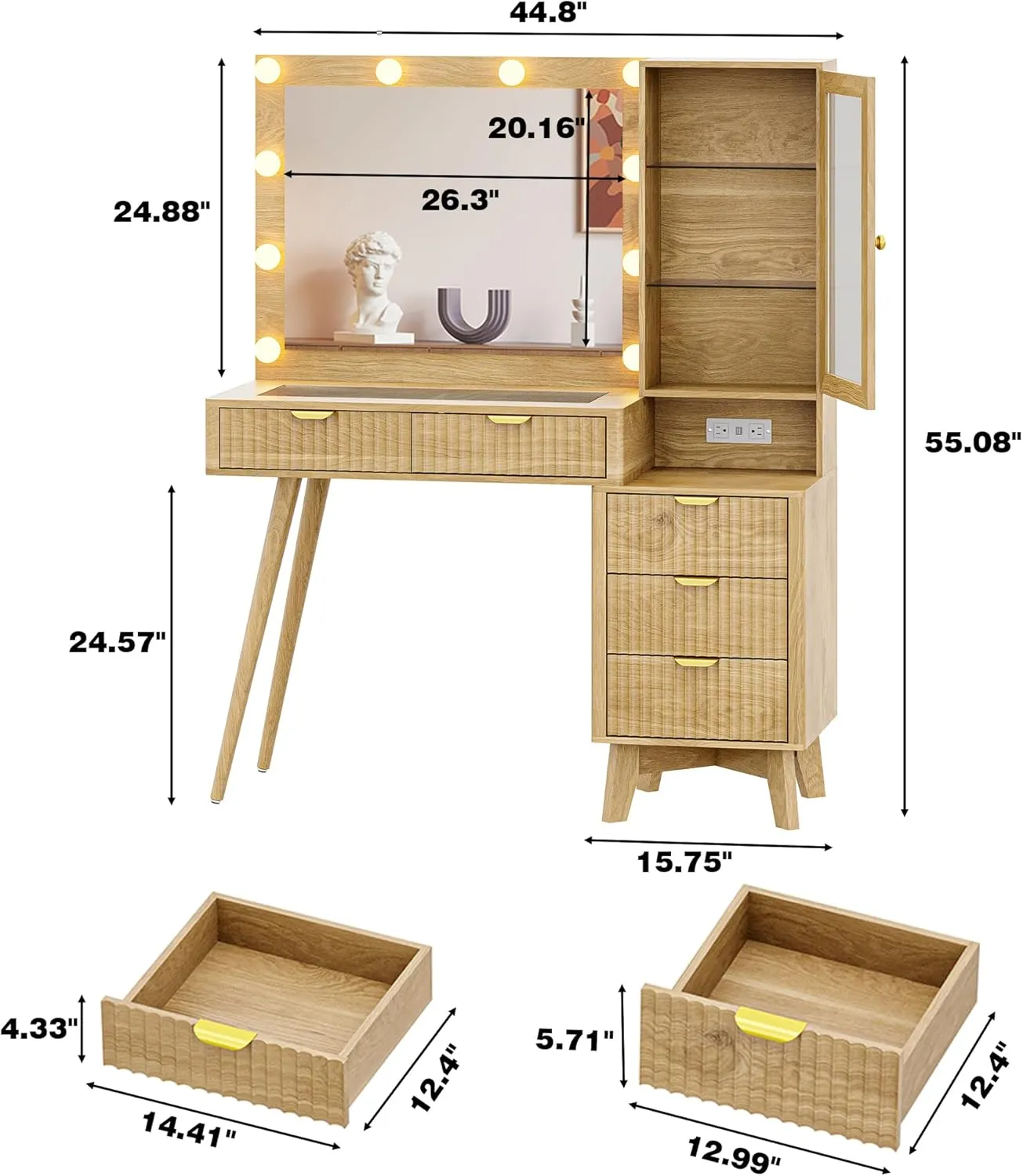 Fluted Makeup Vanity Desk with Lights, 45" Glass Top Vanity Desk with Mirror and Lights &5 Drawers, Dressing Table with Lighted Mirror, Power Outlet & RGB Cabinet for Bedroom, Natural