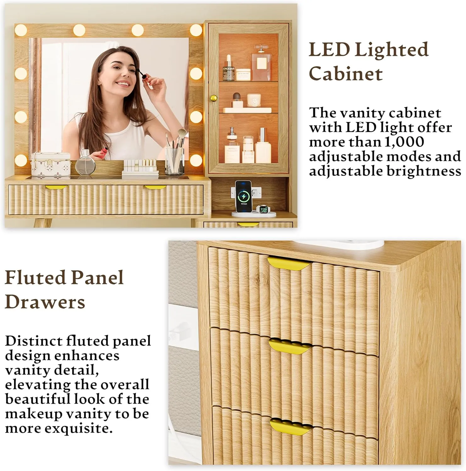 Fluted Makeup Vanity Desk with Lights, 45" Glass Top Vanity Desk with Mirror and Lights &5 Drawers, Dressing Table with Lighted Mirror, Power Outlet & RGB Cabinet for Bedroom, Natural
