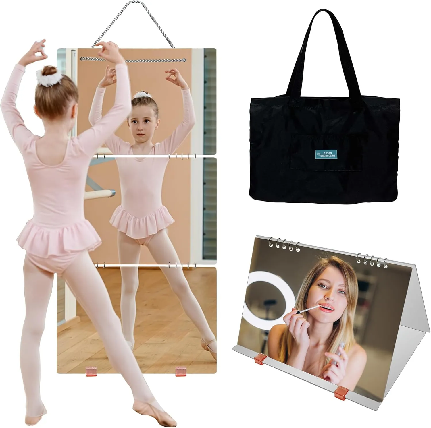 Foldable Mirror Set (3pc), 30x20cm Acrylic Panels - Portable Travel Mirror with Hanging Rope & Storage Bag - Shatterproof Acrylic Mirror Includes User Manual & Stand-Up Clips