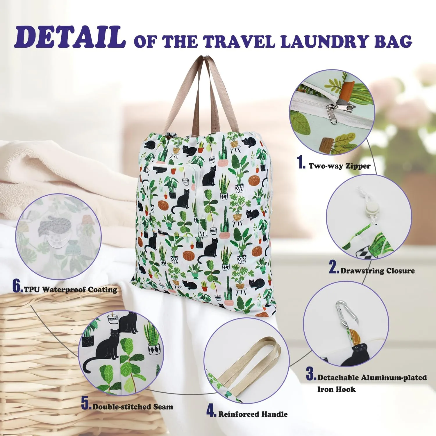 Foldable Travel Laundry Bag with Handle and Drawstring, 2 Pack Expandable Dirty Clothes Bags with Aluminum Carabiner and Zipper, Lightweight Laundry Hamper Liner for Travel, Camp, 20*19 inch
