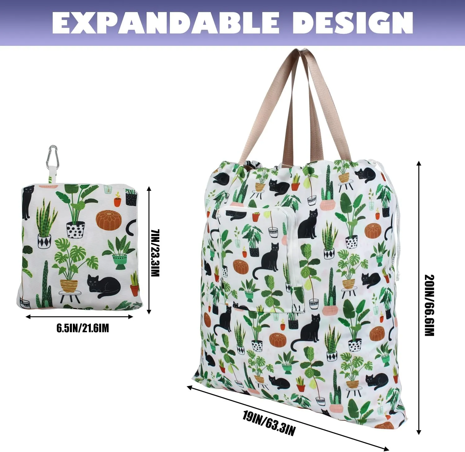 Foldable Travel Laundry Bag with Handle and Drawstring, 2 Pack Expandable Dirty Clothes Bags with Aluminum Carabiner and Zipper, Lightweight Laundry Hamper Liner for Travel, Camp, 20*19 inch