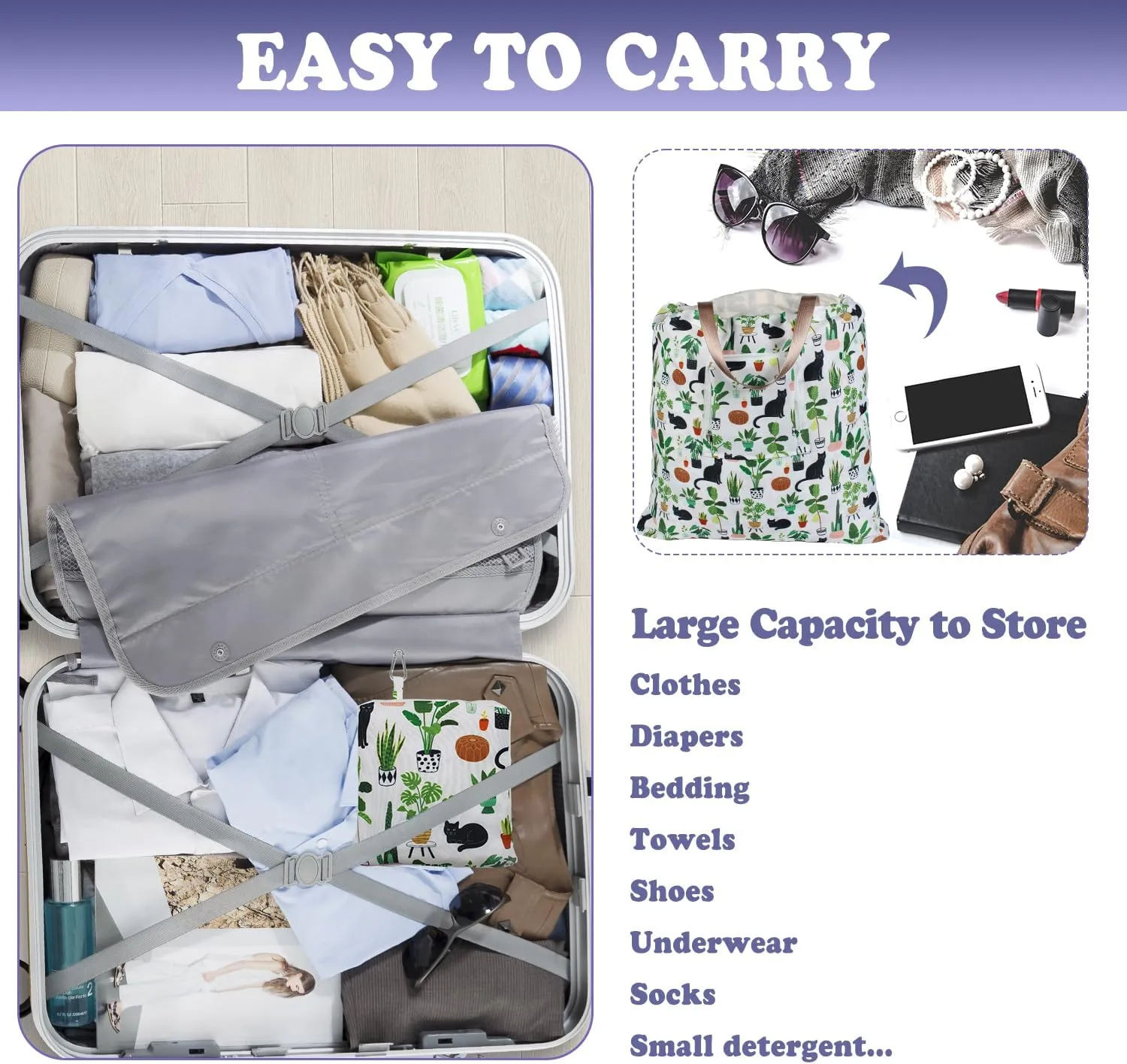 Foldable Travel Laundry Bag with Handle and Drawstring, 2 Pack Expandable Dirty Clothes Bags with Aluminum Carabiner and Zipper, Lightweight Laundry Hamper Liner for Travel, Camp, 20*19 inch