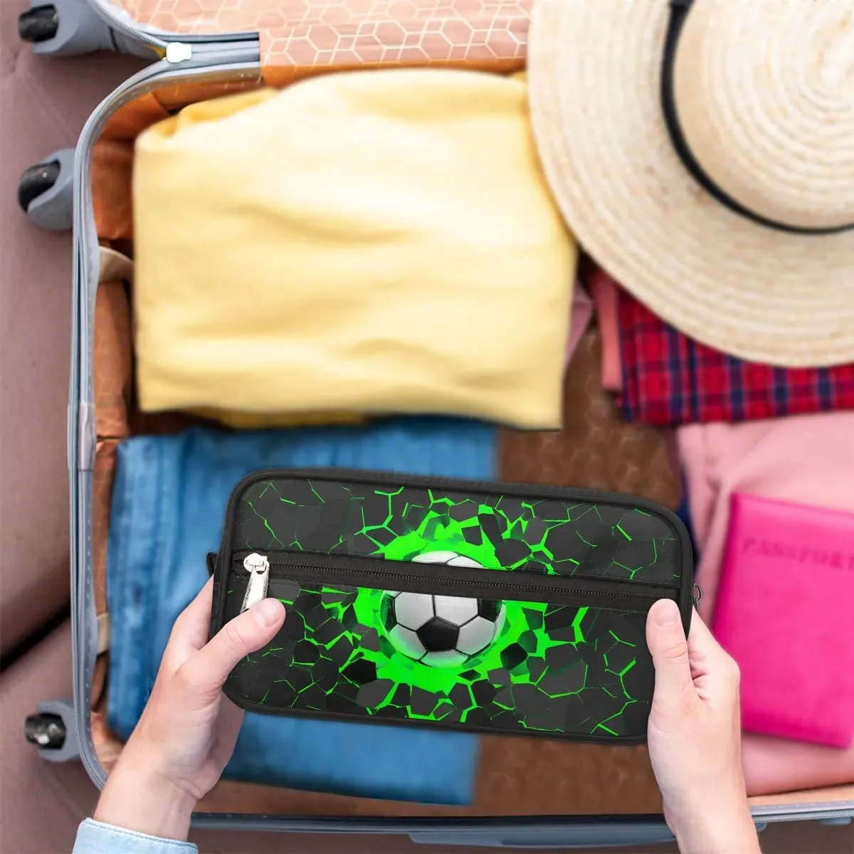 Football Boys Toiletry Bag for Kids Dopp Kit Waterproof Hanging Wash Bag Cosmetic Bag Medicine Bag for Travel Sports Shower Essential