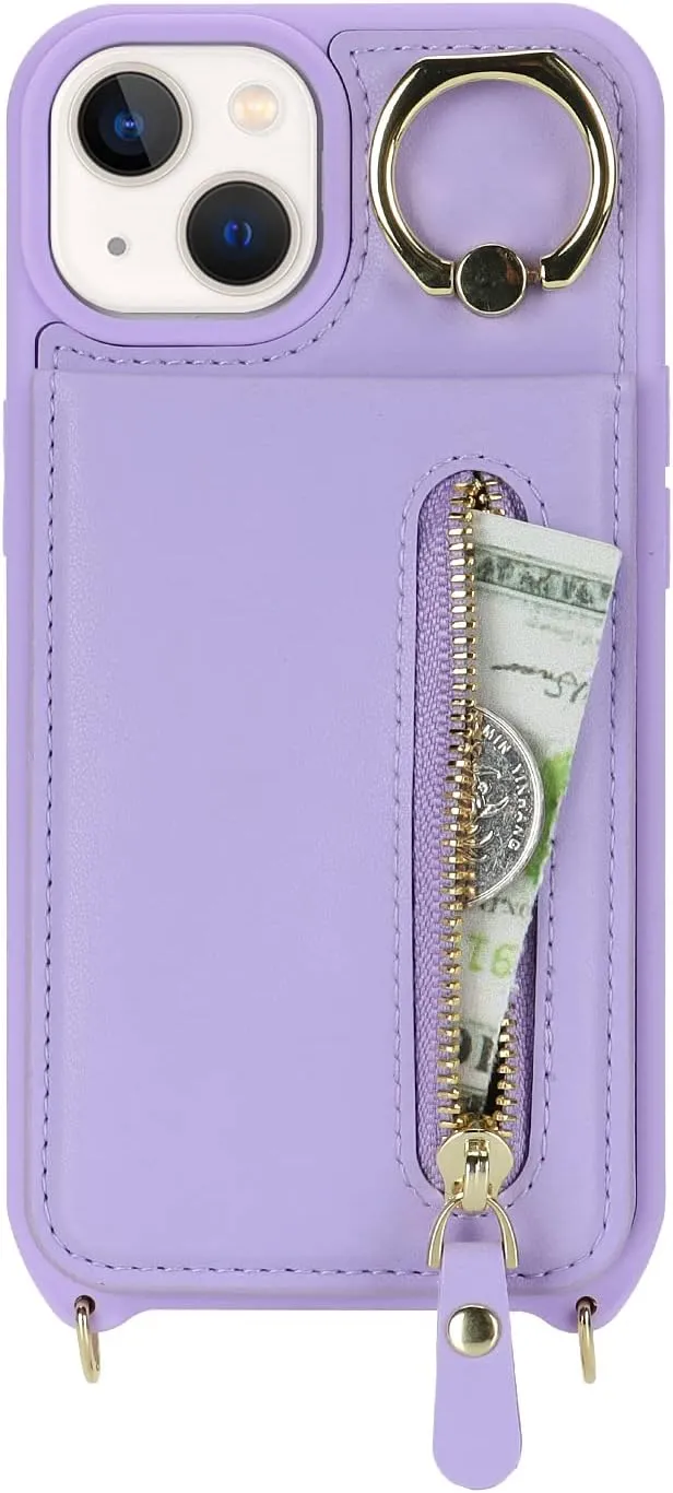for iPhone 13 Mini Phone Case with Card Holder and Strap for Women, Crossbody Bag with Ring Stand Zipper Wallet Case for Apple13mini Purse - Purple
