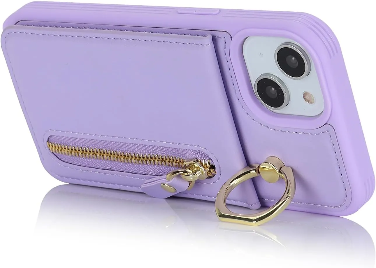 for iPhone 13 Mini Phone Case with Card Holder and Strap for Women, Crossbody Bag with Ring Stand Zipper Wallet Case for Apple13mini Purse - Purple
